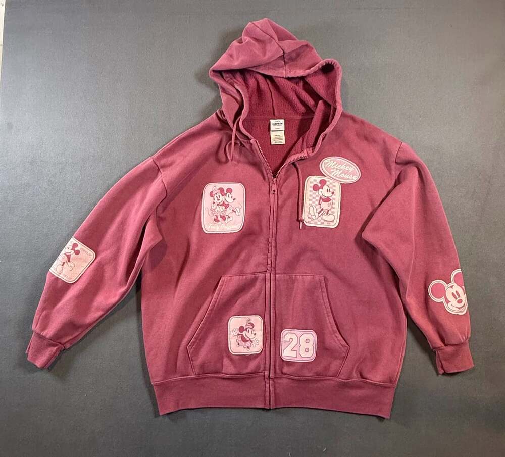 Disney Mickey Mouse Full Zip Hoodie Size XL Red Graphic Patches